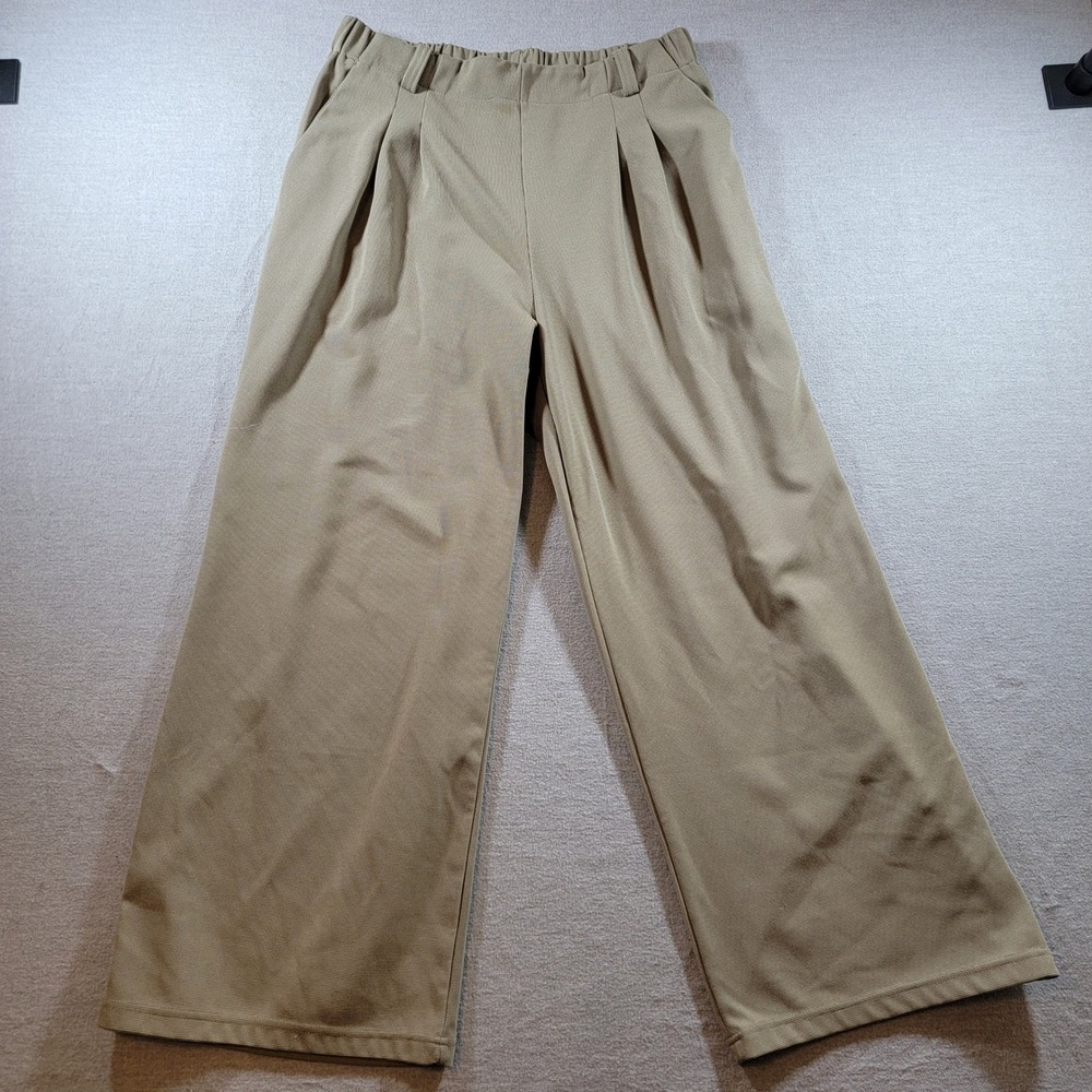Wide Leg Pleated Trousers Women Large Tan Excellent High Rise Elastic